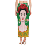 Frida Kahlo And Pink Floral Print Side Slit Maxi Skirt