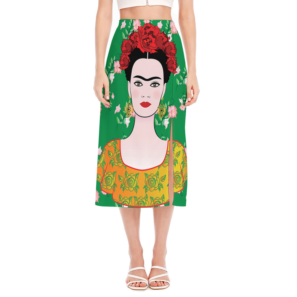 Frida Kahlo And Pink Floral Print Side Slit Midi Skirt