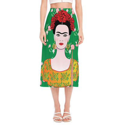 Frida Kahlo And Pink Floral Print Side Slit Midi Skirt