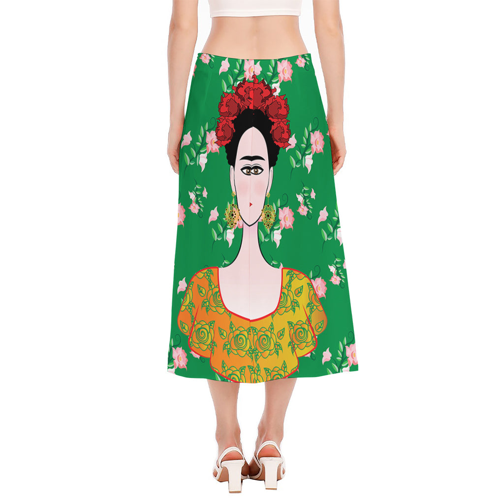 Frida Kahlo And Pink Floral Print Side Slit Midi Skirt