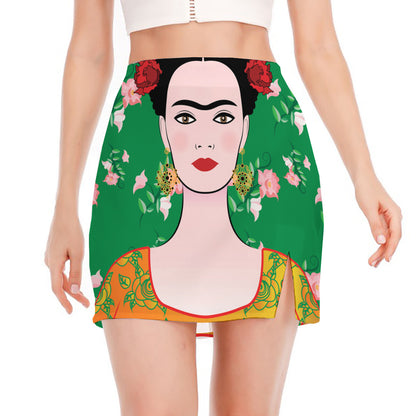 Frida Kahlo And Pink Floral Print Side Slit Mini Skirt