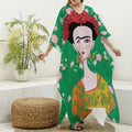 Frida Kahlo And Pink Floral Print Silk V-Neck Kaftan Dress