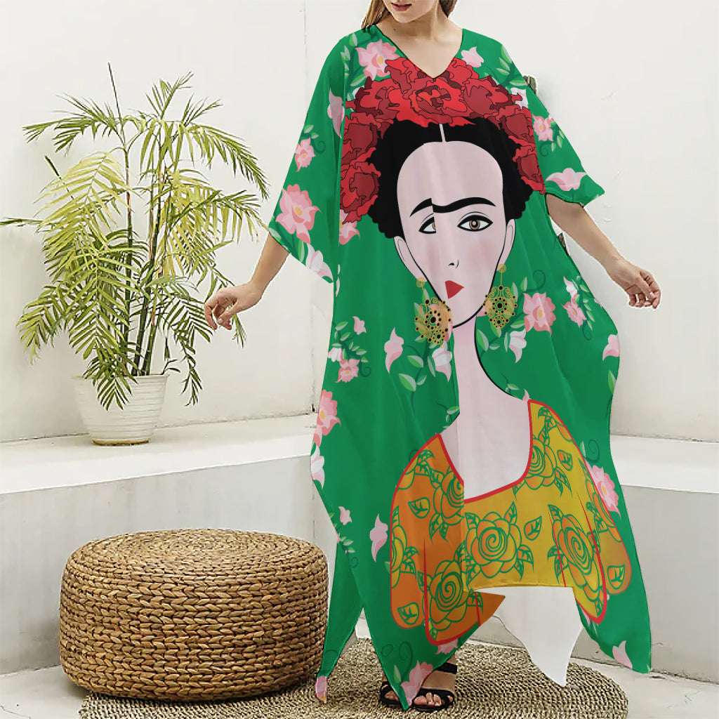 Frida Kahlo And Pink Floral Print Silk V-Neck Kaftan Dress