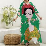 Frida Kahlo And Pink Floral Print Silk V-Neck Kaftan Dress