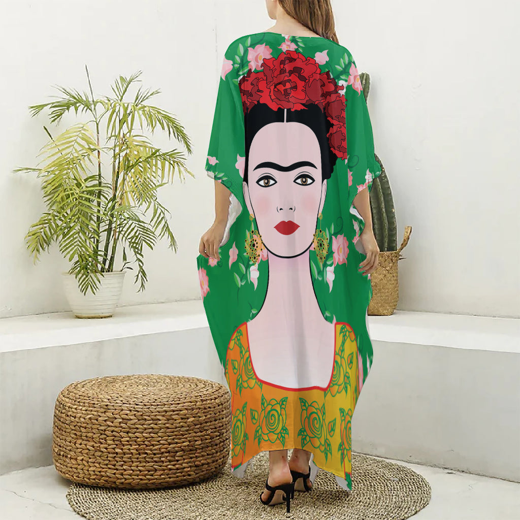 Frida Kahlo And Pink Floral Print Silk V-Neck Kaftan Dress