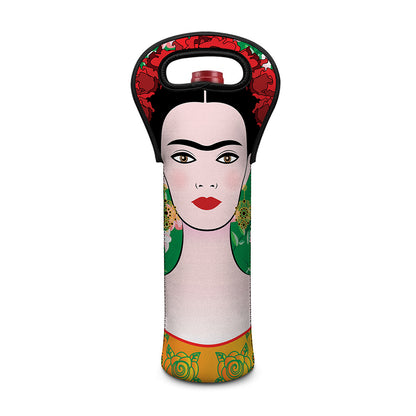 Frida Kahlo And Pink Floral Print Single Neoprene Wine Tote