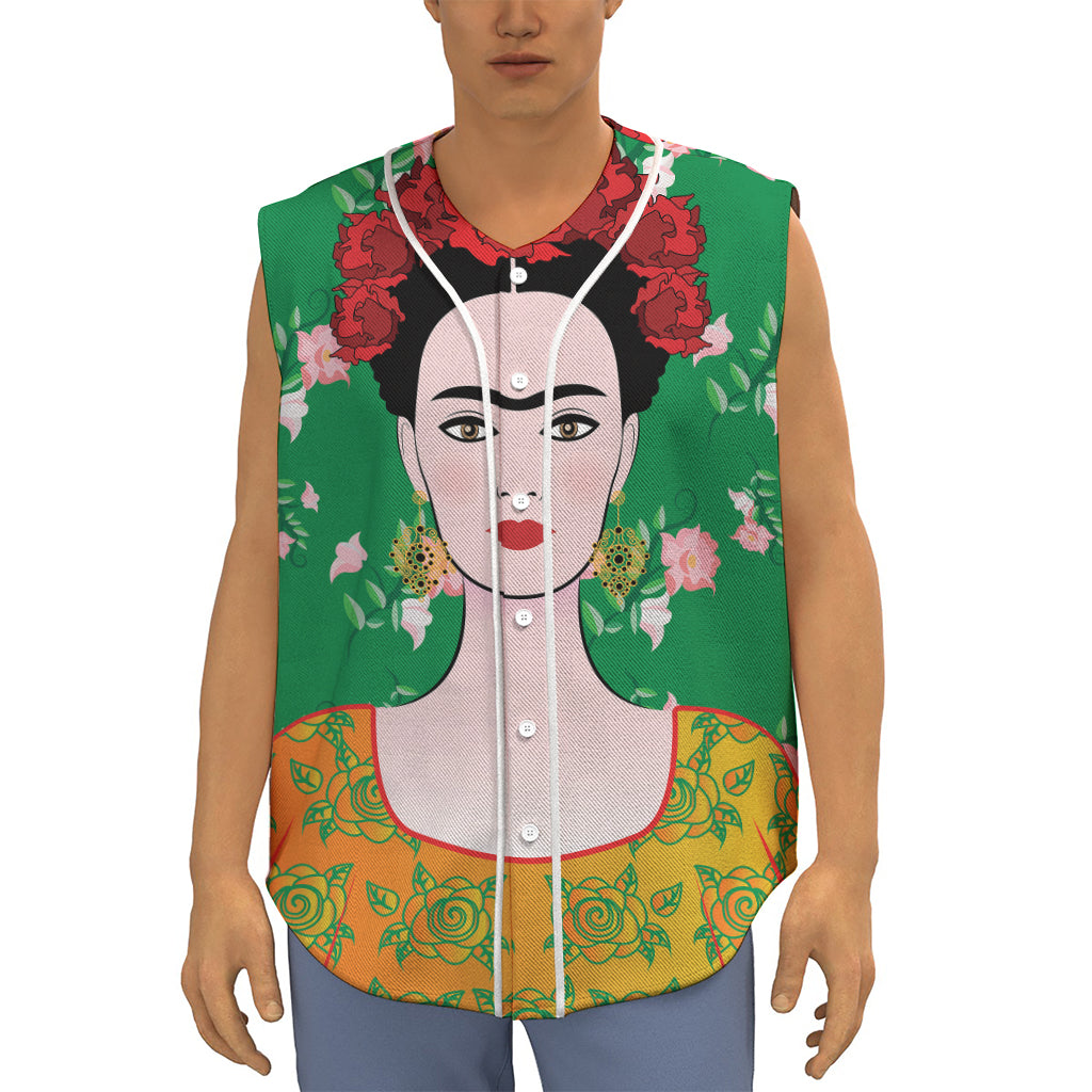 Frida Kahlo And Pink Floral Print Sleeveless Baseball Jersey