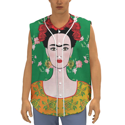 Frida Kahlo And Pink Floral Print Sleeveless Baseball Jersey