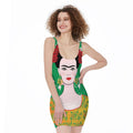 Frida Kahlo And Pink Floral Print Sleeveless Bodycon Dress