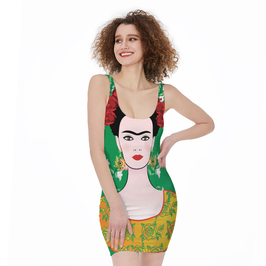 Frida Kahlo And Pink Floral Print Sleeveless Bodycon Dress