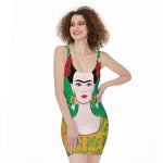 Frida Kahlo And Pink Floral Print Sleeveless Bodycon Dress
