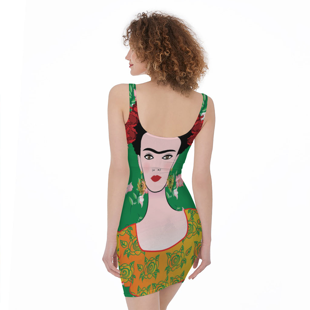 Frida Kahlo And Pink Floral Print Sleeveless Bodycon Dress