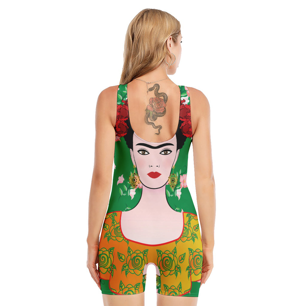 Frida Kahlo And Pink Floral Print Sleeveless One Piece Swimsuit