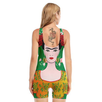 Frida Kahlo And Pink Floral Print Sleeveless One Piece Swimsuit