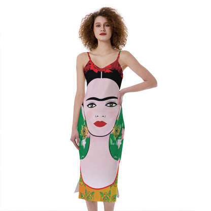 Frida Kahlo And Pink Floral Print Slim Fit Midi Cami Dress