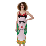 Frida Kahlo And Pink Floral Print Slim Fit Midi Cami Dress