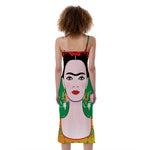 Frida Kahlo And Pink Floral Print Slim Fit Midi Cami Dress