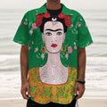 Frida Kahlo And Pink Floral Print Textured Short Sleeve Shirt