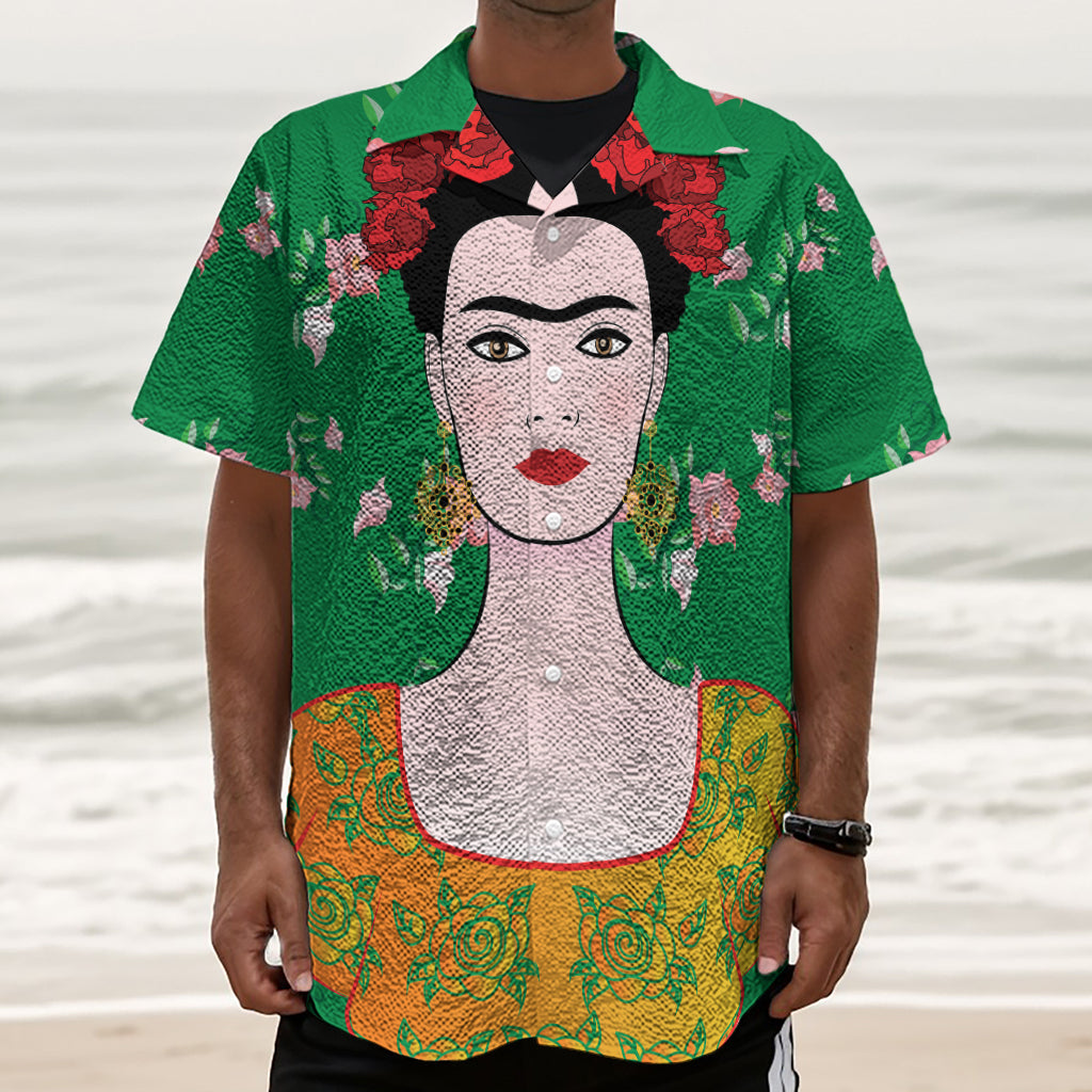 Frida Kahlo And Pink Floral Print Textured Short Sleeve Shirt