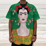 Frida Kahlo And Pink Floral Print Textured Short Sleeve Shirt