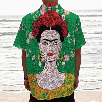 Frida Kahlo And Pink Floral Print Textured Short Sleeve Shirt