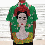 Frida Kahlo And Pink Floral Print Textured Short Sleeve Shirt
