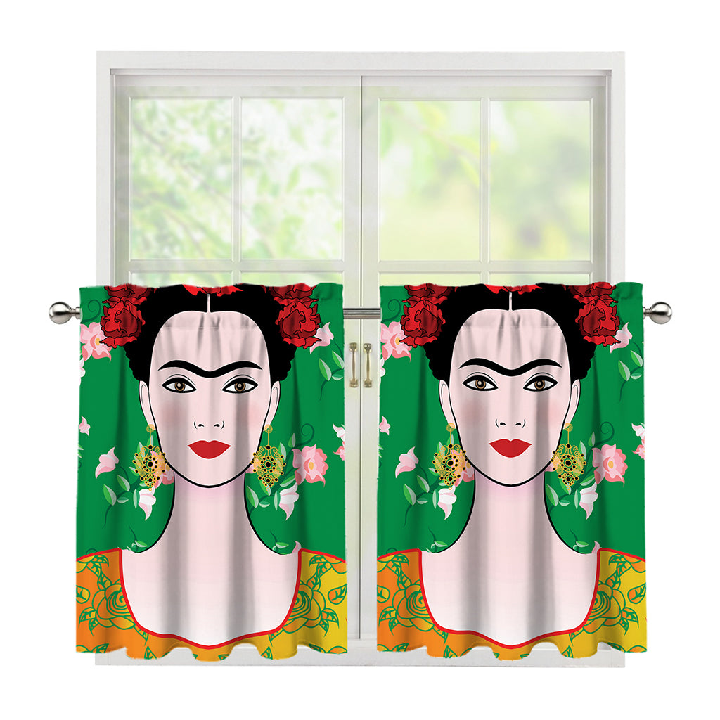 Frida Kahlo And Pink Floral Print Tier Curtains