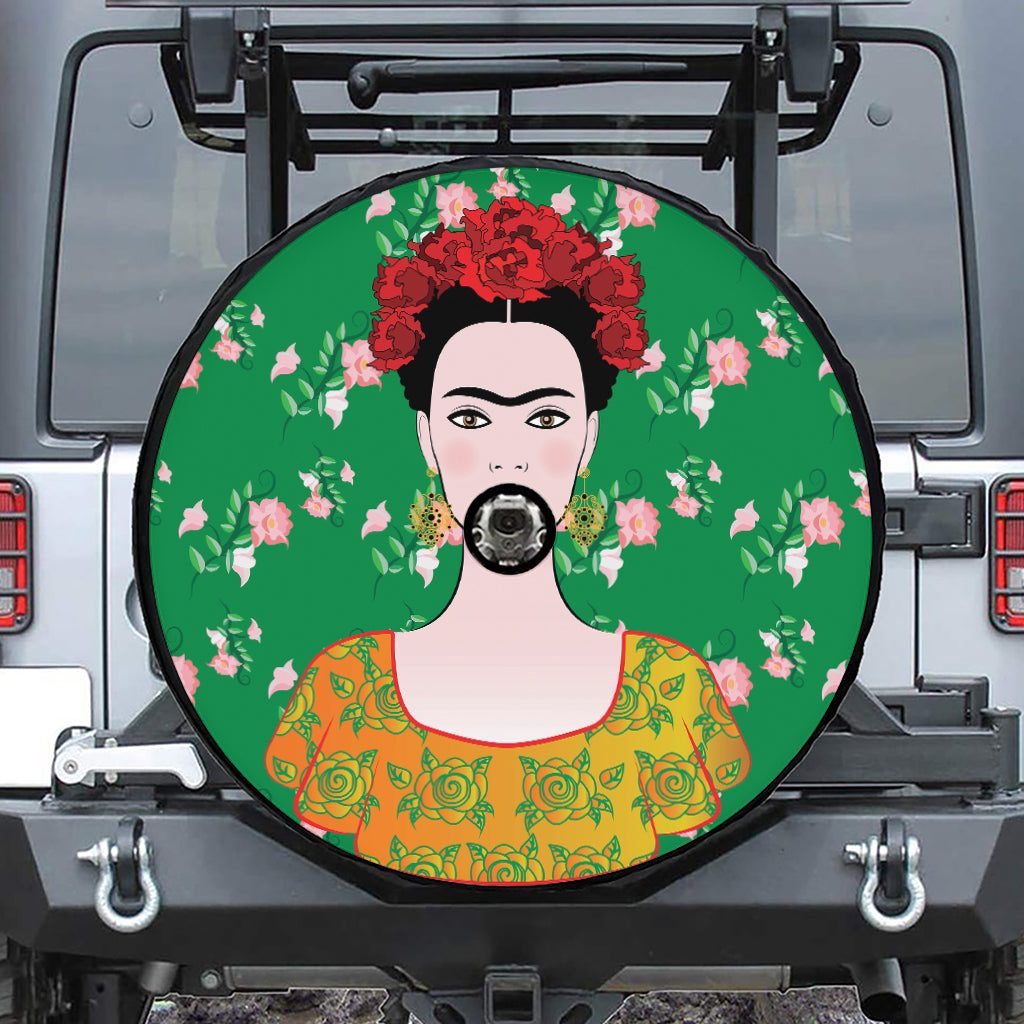 Frida Kahlo And Pink Floral Print Tire Cover With Camera Hole