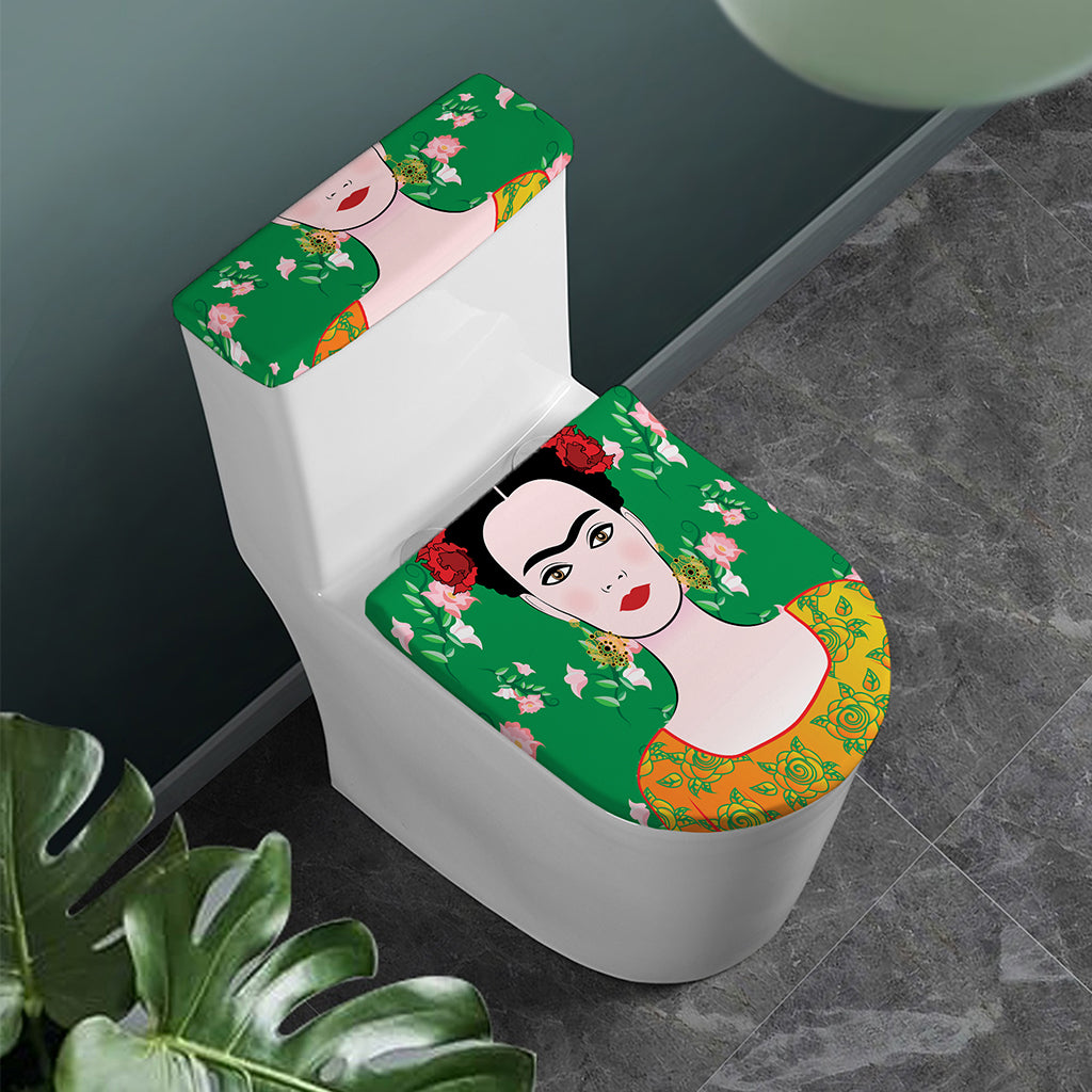 Frida Kahlo And Pink Floral Print Toilet Lid And Tank Cover Set