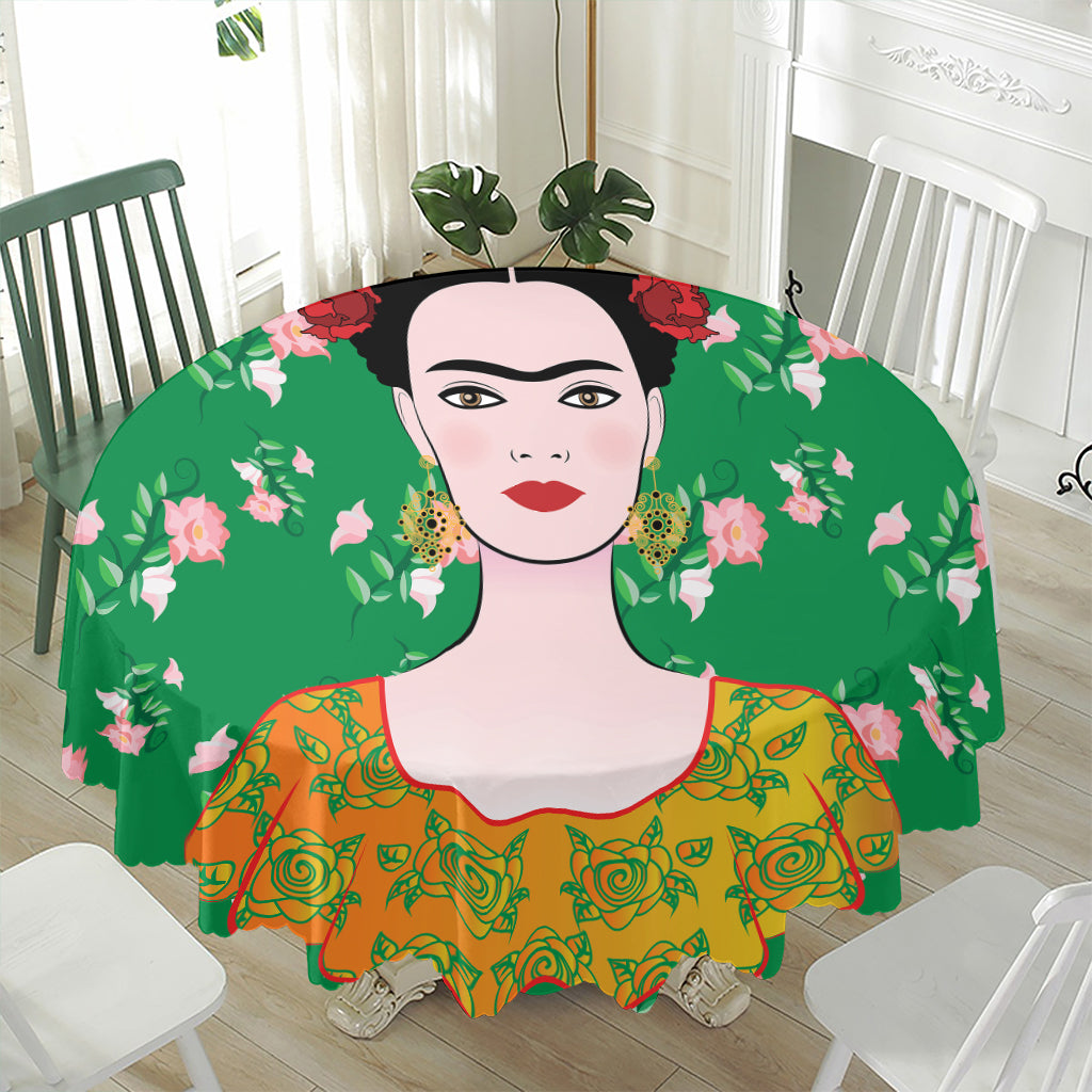 Frida Kahlo And Pink Floral Print Waterproof Round Tablecloth