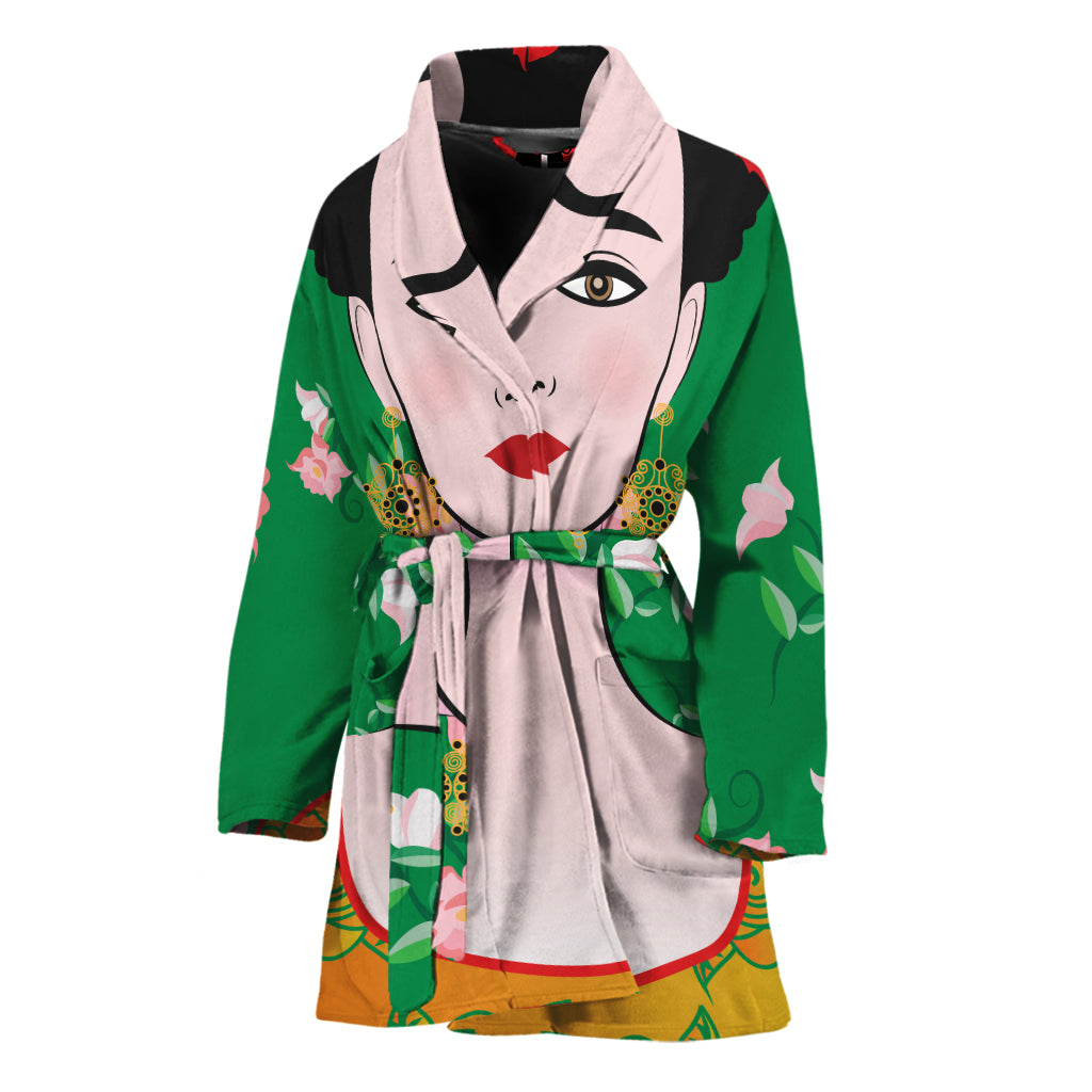 Frida Kahlo And Pink Floral Print Women's Bathrobe