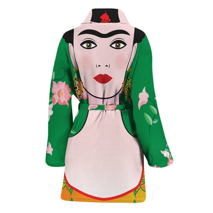 Frida Kahlo And Pink Floral Print Women's Bathrobe