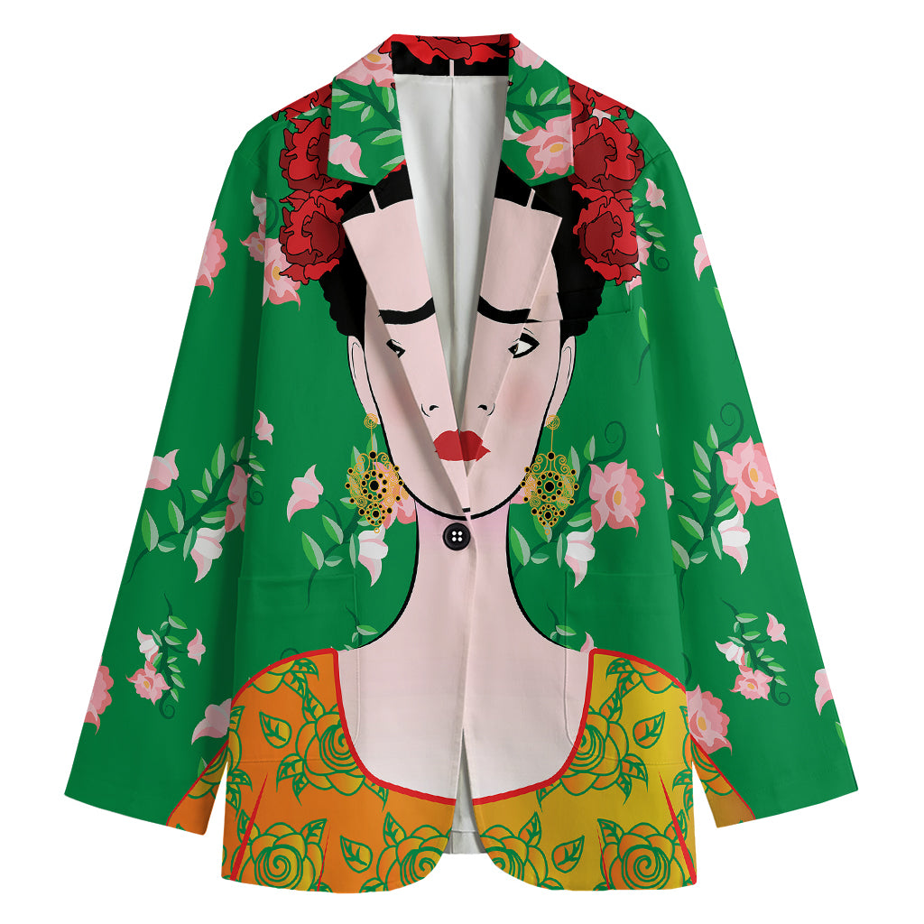 Frida Kahlo And Pink Floral Print Women's Blazer