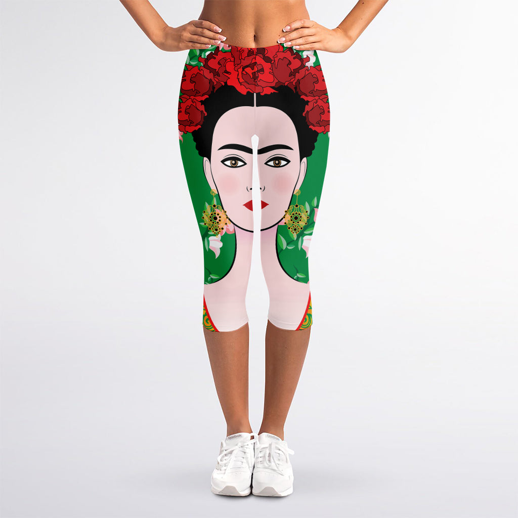 Frida Kahlo And Pink Floral Print Women's Capri Leggings