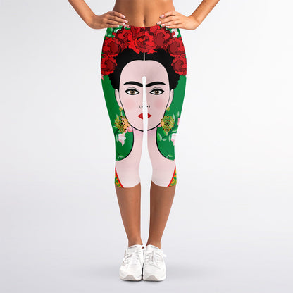 Frida Kahlo And Pink Floral Print Women's Capri Leggings
