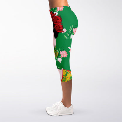 Frida Kahlo And Pink Floral Print Women's Capri Leggings