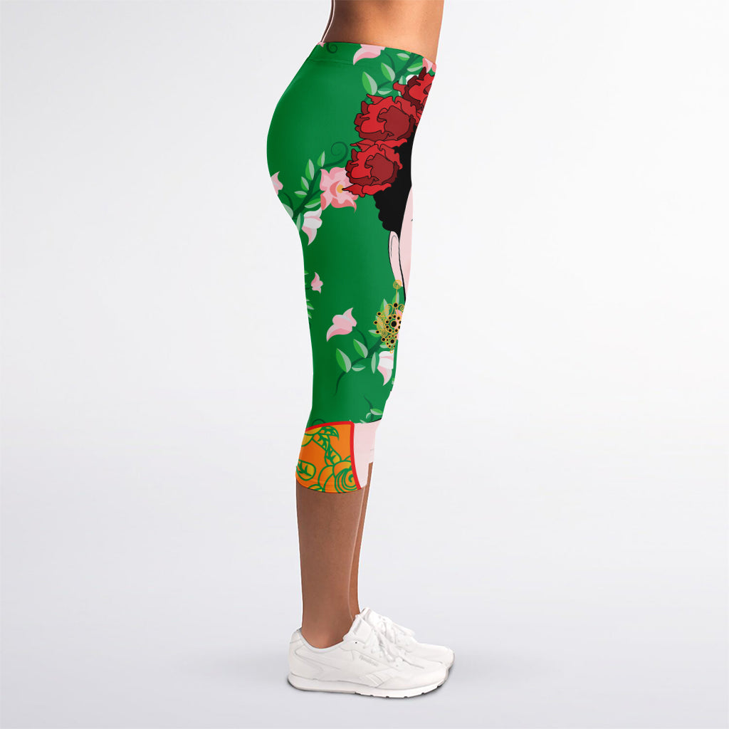 Frida Kahlo And Pink Floral Print Women's Capri Leggings