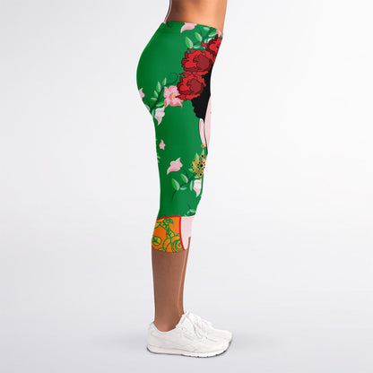 Frida Kahlo And Pink Floral Print Women's Capri Leggings