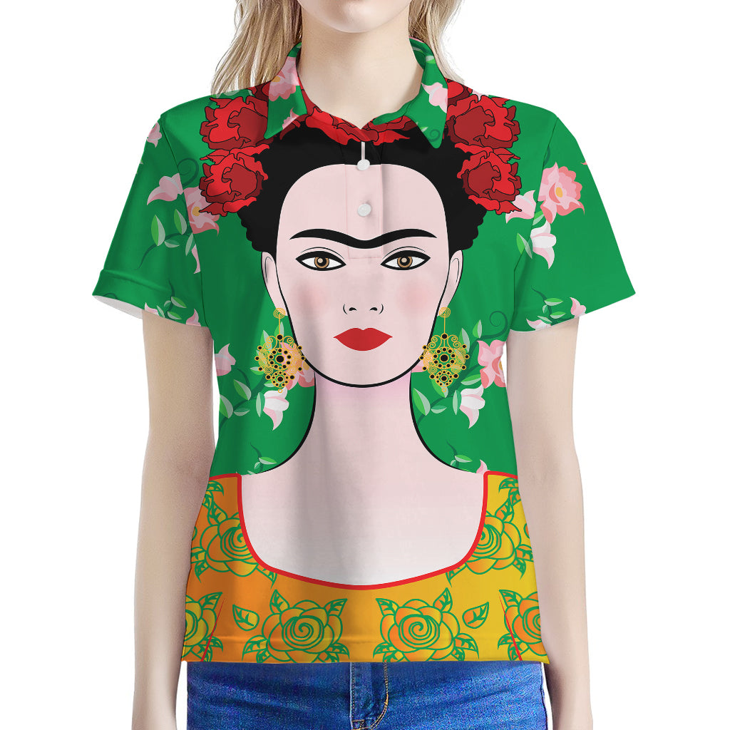 Frida Kahlo And Pink Floral Print Women's Polo Shirt