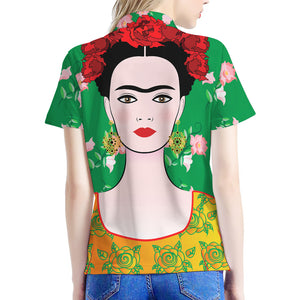 Frida Kahlo And Pink Floral Print Women's Polo Shirt