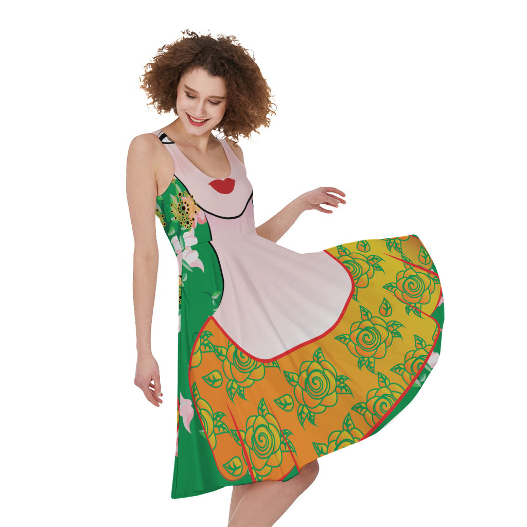 Frida Kahlo And Pink Floral Print Women's Sleeveless Dress