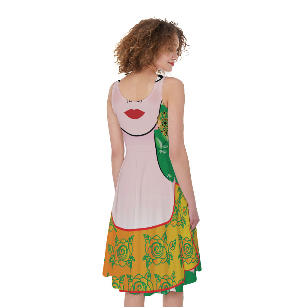 Frida Kahlo And Pink Floral Print Women's Sleeveless Dress