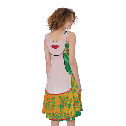 Frida Kahlo And Pink Floral Print Women's Sleeveless Dress