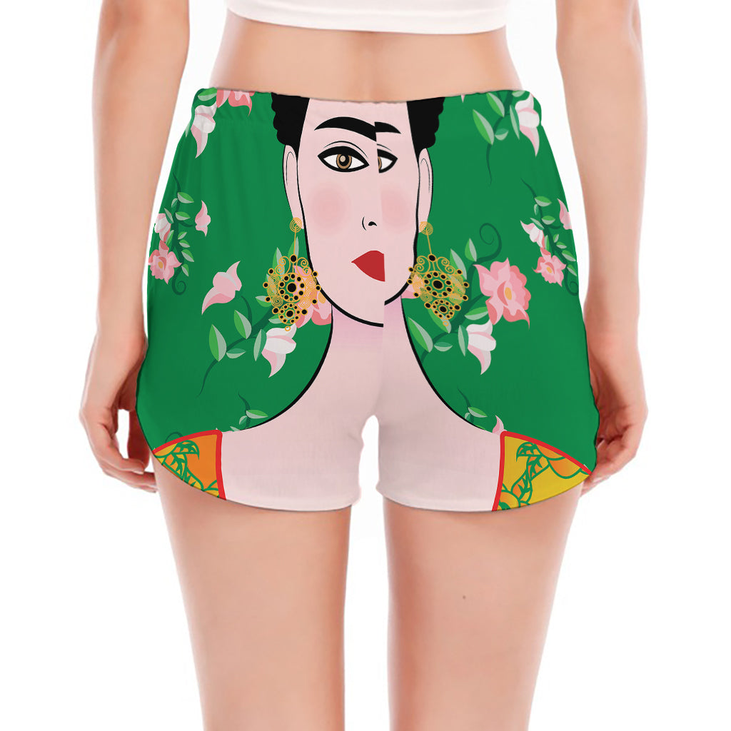 Frida Kahlo And Pink Floral Print Women's Split Running Shorts
