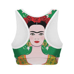 Frida Kahlo And Pink Floral Print Women's Sports Bra