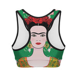 Frida Kahlo And Pink Floral Print Women's Sports Bra