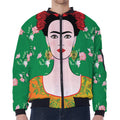 Frida Kahlo And Pink Floral Print Zip Sleeve Bomber Jacket