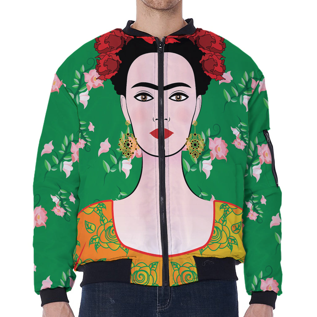 Frida Kahlo And Pink Floral Print Zip Sleeve Bomber Jacket