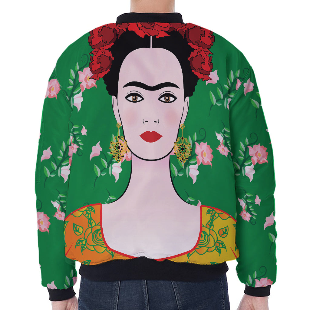 Frida Kahlo And Pink Floral Print Zip Sleeve Bomber Jacket