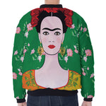 Frida Kahlo And Pink Floral Print Zip Sleeve Bomber Jacket